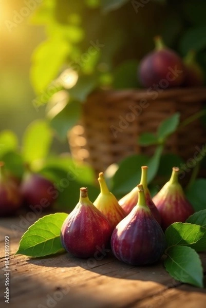 Fototapeta A Harvest of Ripe Figs Basking in Golden Sunlight on a Rustic Wooden Table, Surrounded by Lush Green Foliage