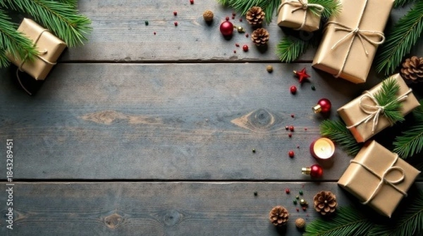 Fototapeta Rustic Wooden Surface Festive Decorated with Wrapped Gifts, Evergreen Branches, Pine Cones, and Ornaments