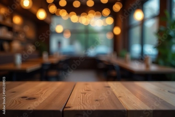 Fototapeta Warm Lighting Illuminates Empty Wooden Table in Cozy Restaurant Setting