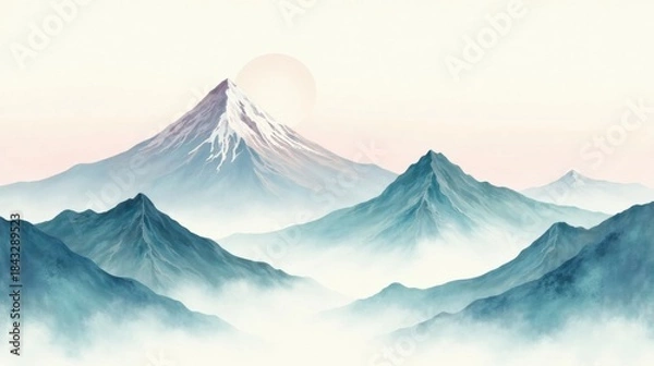 Fototapeta Serene Mountain Range at Dawn A Misty, Dreamlike Vista of Peaks and Valleys Bathed in Soft Light