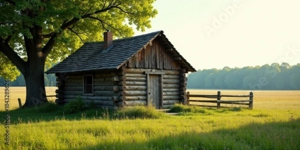Fototapeta Rustic Log Cabin Nestled Beneath a Verdant Tree in a Serene Meadow at Dawn