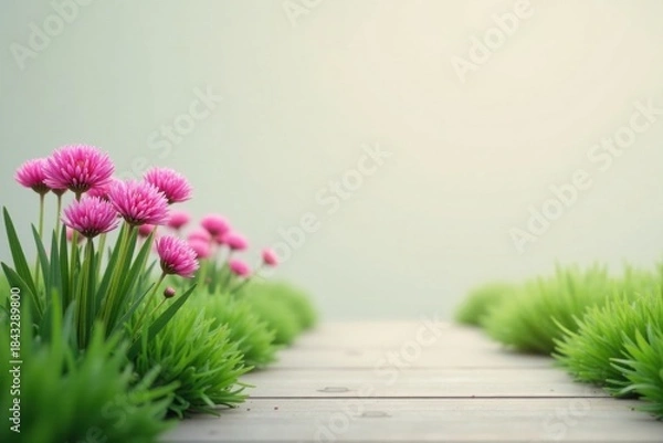 Fototapeta Serene Pathway Adorned with Vibrant Pink Flowers and Lush Green Grass on a Tranquil Wooden Boardwalk