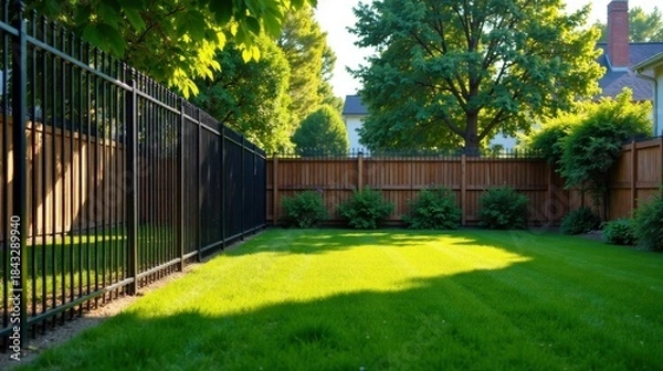 Fototapeta Serene backyard oasis featuring a meticulously maintained lawn, enclosed by a stylish combination of wooden and metal fencing, bathed in the warm glow of sunlight.