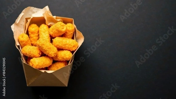 Fototapeta A delectable collection of crispy, golden-brown, cheese-flavored snacks nestled in a simple paper container, ready for a delightful treat.