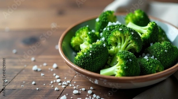 Fototapeta A bowl of fresh, vibrant green broccoli florets, delicately seasoned with a sprinkle of salt, rests on a rustic wooden surface.