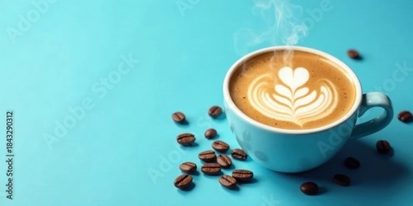 Fototapeta Aromatic Steam Rising From a Cup of Latte Art Coffee with Roasted Beans on a Light Blue Background