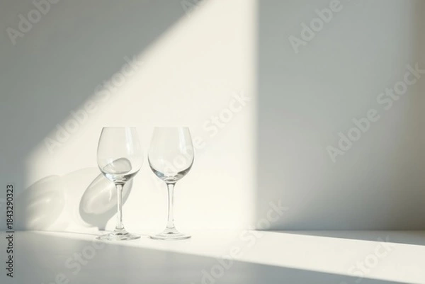Fototapeta Two empty wine glasses sit on a white surface, bathed in sunlight casting long shadows on a minimalist backdrop.