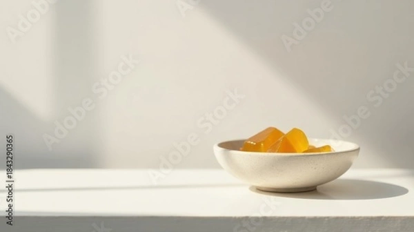 Fototapeta Sunlit Still Life of Golden Cubes in a Small Bowl on a White Surface