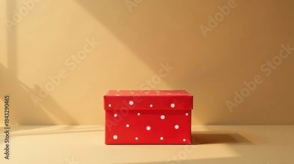 Fototapeta A single red gift box with white polka dots sits on a pale yellow surface bathed in soft sunlight