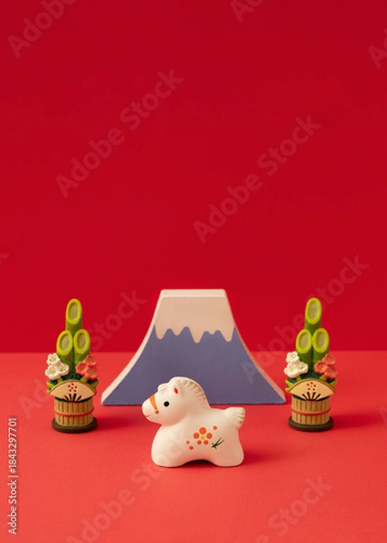 Obraz Japanese New Year. Horse zodiac and Mount Fuji and New Year's pine decoration. 日本のお正月。午（うま）の干支と富士山と門松
