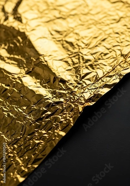 Fototapeta Gleaming gold foil with intricate texture and dark background contrast