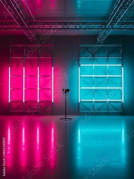 Fototapeta Illuminated music studio setup with pink and cyan light panels and microphone