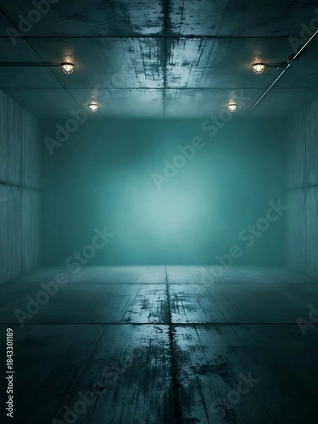 Fototapeta Mysterious illuminated space within a concrete box like structure indoors