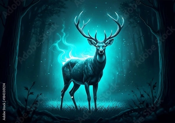 Fototapeta Mystical glowing deer with antlers in a darkened forest landscape