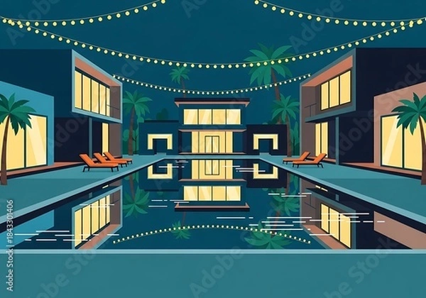 Fototapeta Nighttime modern luxury villa scene with illuminated pool and palm trees