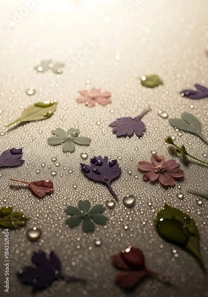 Fototapeta Pastel flora and foliage on a surface glistening with water droplets