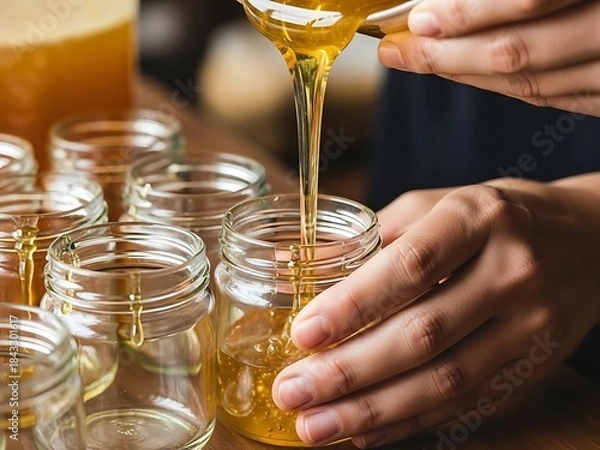 Fototapeta Pouring golden honey into glass jars on a rustic wooden table surface