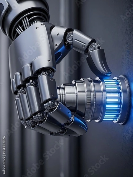 Fototapeta Robotic arm activating energy portal on a dark surface, closeup view