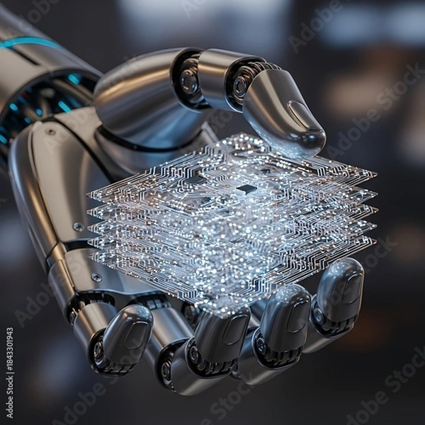 Fototapeta Robotic Arm Holding Luminous Circuitry Representing Artificial Intelligence