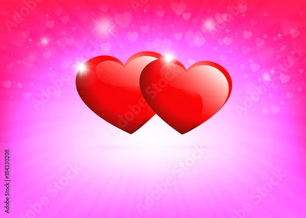 Fototapeta light pink background with silhouettes of red hearts and rays of light