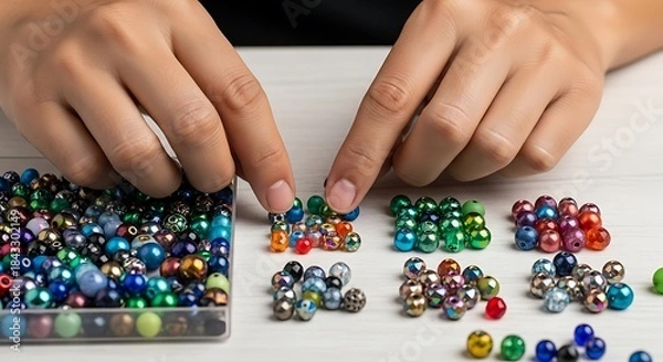 Fototapeta Sorting colorful beads on white surface for jewelry making hobby activity