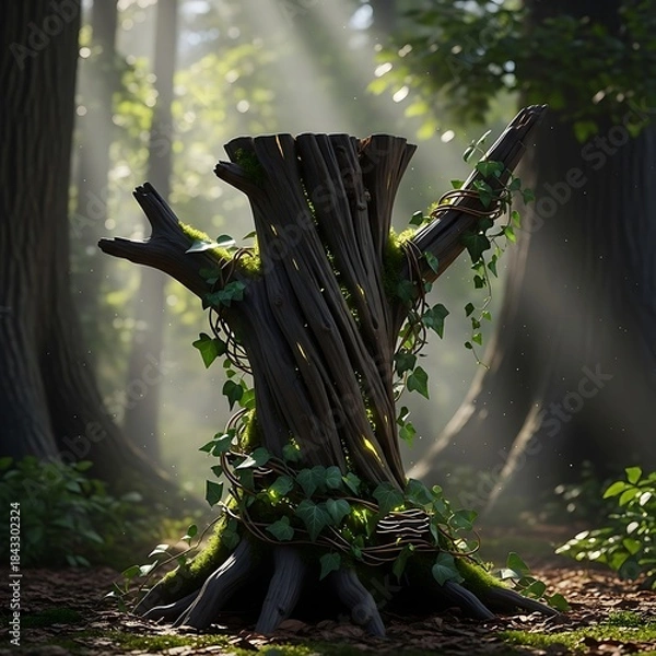 Fototapeta Sunlit stump in a mystical forest, vines and moss-covered bark texture
