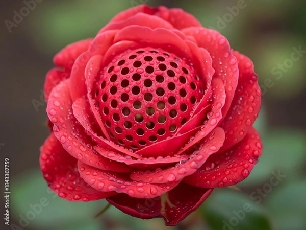 Fototapeta Unique red rose with perforated center and dew drops, a delicate beauty
