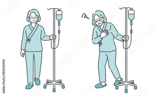 Obraz 点滴スタンドを押して歩く高齢女性と、胸を押さえて苦しむ高齢女性（比較セット）