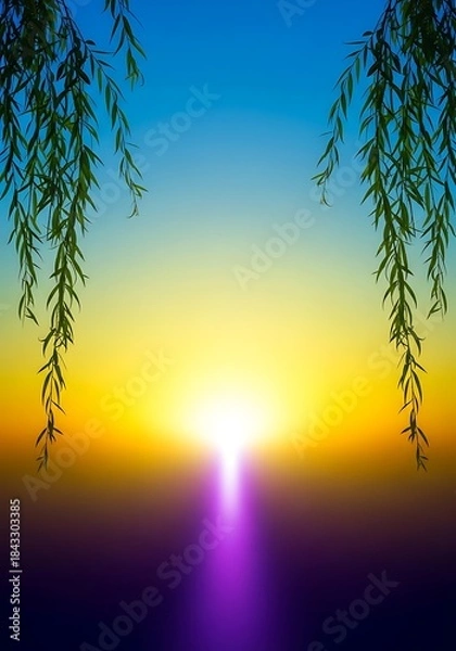 Fototapeta Vivid Dawn Spectacle Framed by Willow Branches in Colorful Sky