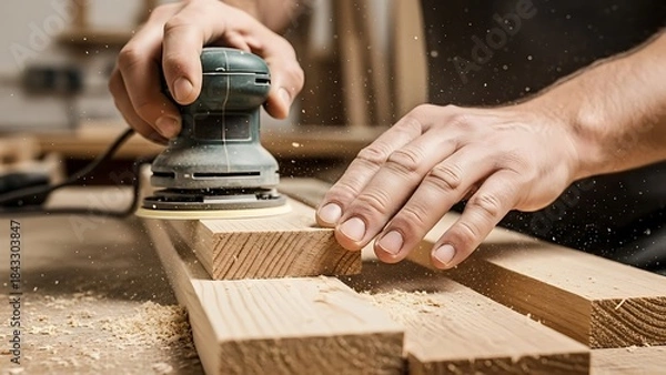 Fototapeta Woodworking process with an orbital sander and crafting skills displayed