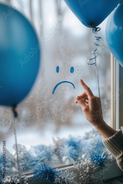 Obraz Blue monday 2025 sad face on frosted window