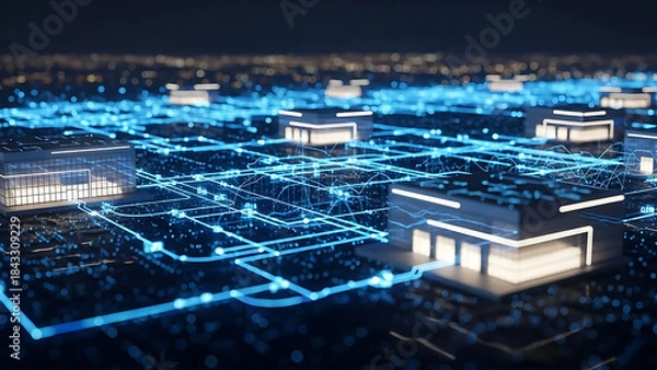 Obraz Smart city infrastructure visualization showing interconnected digital services and data streams
