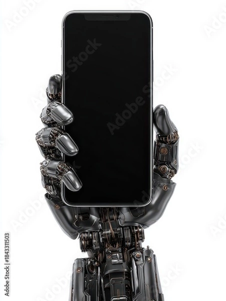 Obraz Futuristic tech presentation featuring a robotic hand holding a modern smartphone on white background.