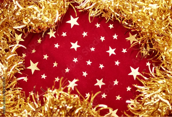 Obraz クリスマスツリーガーランドで囲った星柄の布　きらきらなパーティー装飾フレーム　コピースペース