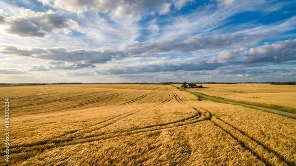 Fototapeta Expansive Golden Wheat Field Under Dramatic Sky.