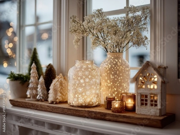 Obraz Cozy Winter Decor with Lights and Natural Elements in Window Setting
