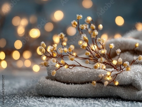 Obraz Cozy Holiday Decor with Twinkling Lights and Soft Textiles