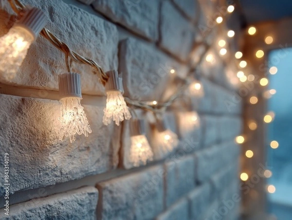 Obraz Elegant string lights illuminating a textured white brick wall
