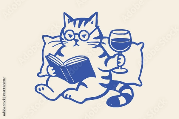 Fototapeta Cat reading book with wine glass doodle vector illustration