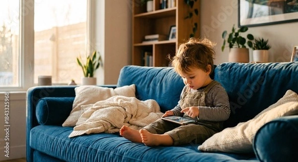 Obraz Little Boy Using Smartphone on Cozy Sofa