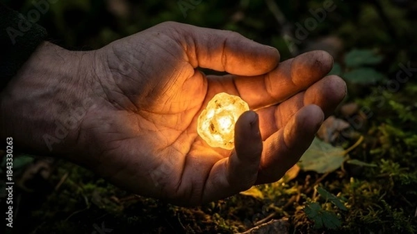 Obraz Hand Holding Small Glowing Light Source in Nature.