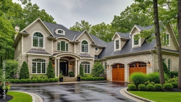 Fototapeta Luxurious suburban mansion with manicured landscaping and a circular driveway perfect for real estate listings or architectural concepts