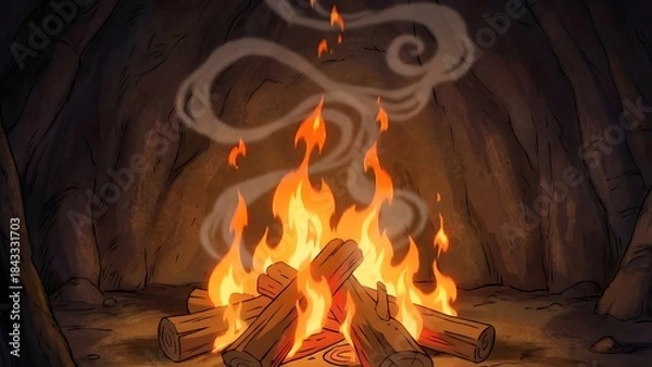 Fototapeta Cozy Campfire with Flickering Flames in a Cave.
