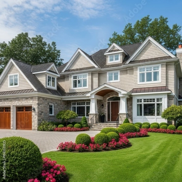 Fototapeta Luxurious beige suburban house with manicured lawn and vibrant flower beds a beautiful example of upscale residential architecture for real estate marketing