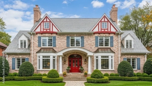 Fototapeta Elegant Tudor-style brick mansion with manicured gardens showcasing classic architecture and a welcoming red door ideal for real estate or luxury lifestyle imagery