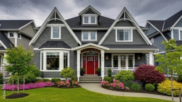 Fototapeta Elegant suburban house with manicured lawn and colorful landscaping a perfect symbol of home ownership and real estate