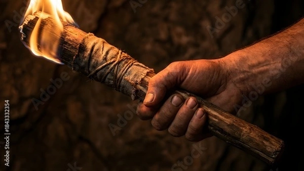 Fototapeta Two Hands Grasping a Wooden Stick in a Primitive Setting.