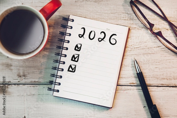 Obraz 2026 text on notepad with coffee