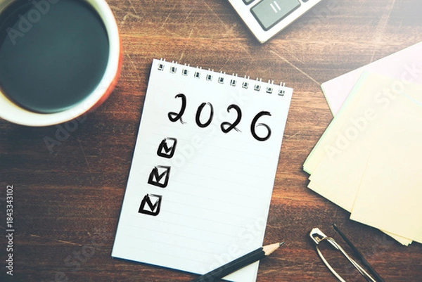 Obraz 2026 text on notepad with coffee