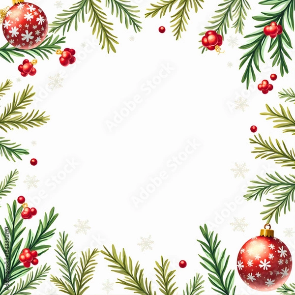 Obraz Festive Christmas Frame with Pine Branches, Red Ornaments, Holly Berries, and Snowflakes on White Background